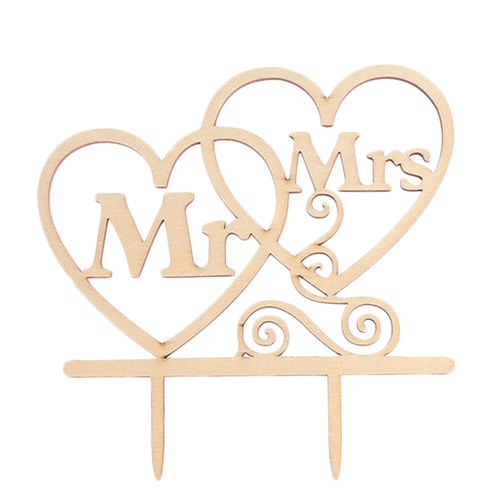Wooden Mr & Mrs Double Heart Cake Topper
