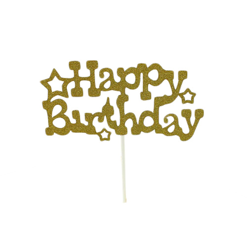 Happy Birthday Star Cake Topper Sign - Gold Glitter