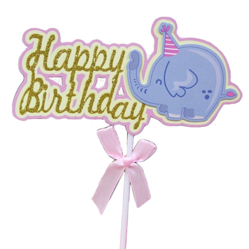 Elephant Happy Birthday Cake Topper Pink