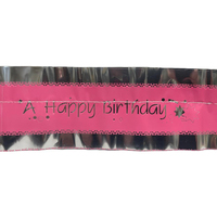 Cake Frill Happy Birthday Pink & Silver 76mm