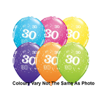 30th Balloons 6pcs Assorted Colours