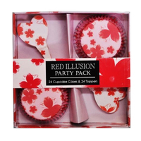24 Cupcake Cases and 24 Toppers, Red Flower Design