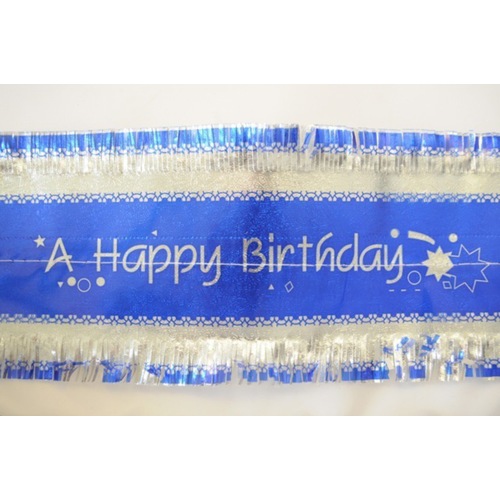 Cake Frill Happy Birthday Blue & Silver 76mm