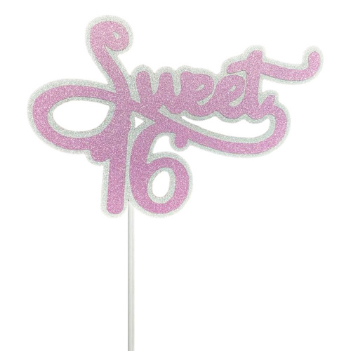 Pink & silver Glitter Sweet 16 Cake Topper