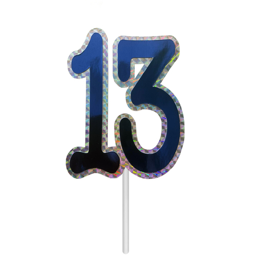 13 Blue & Holographic Silver Cardstock Cake Topper