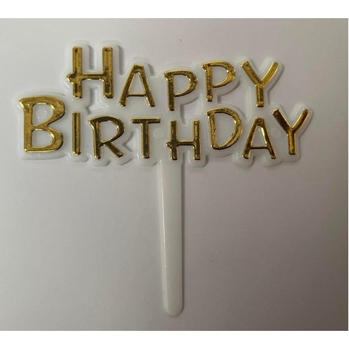 Mini Plastic Happy Birthday Gold and White Cake Topper