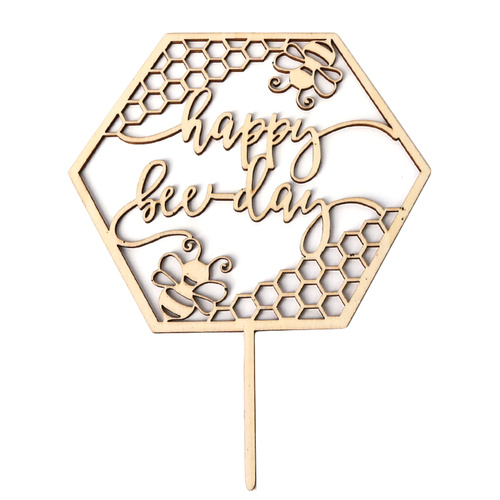 Wooden Happy Bee-Day Cake Topper 