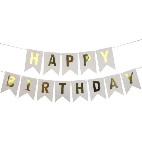 White/Gold Happy Birthday Flag Banner
