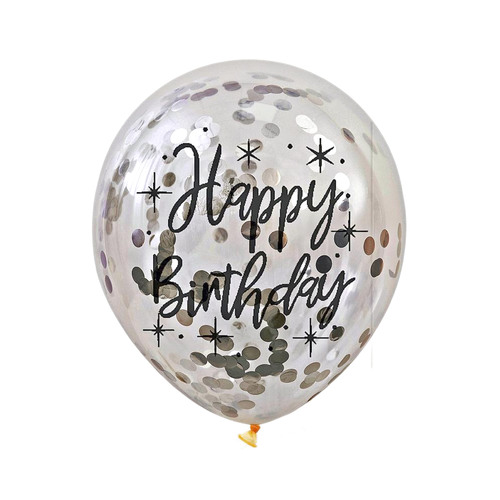 Silver Confetti Balloons Printed Happy Birthday 6pcs