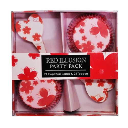 24 Cupcake Cases and 24 Toppers, Red Flower Design