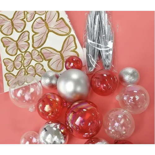 Clear, red, silver deco ball, fan and butterfly 27pc set