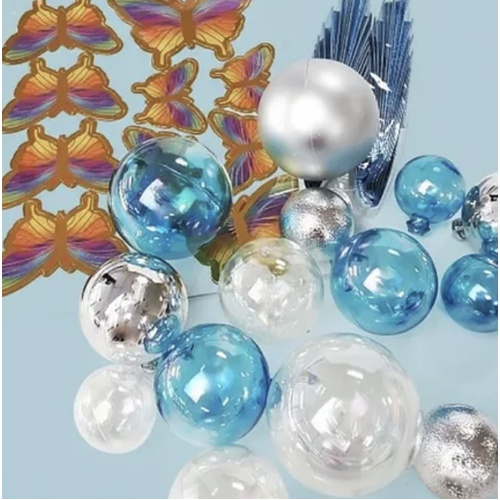 Clear, blue and silver deco ball, fan and butterfly 27pc set