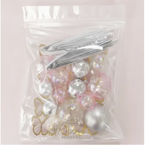 Clear, Pink and Silver Deco Ball, Fan and Butterfly topper 27 pc set