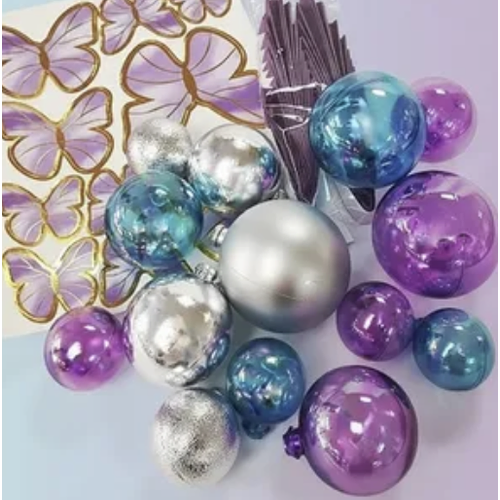 Blue, Purple and Silver Deco ball, fan and Butterfly 27pc set