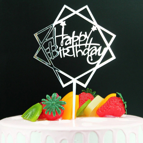 Mirror Silver Happy Birthday Cake Topper